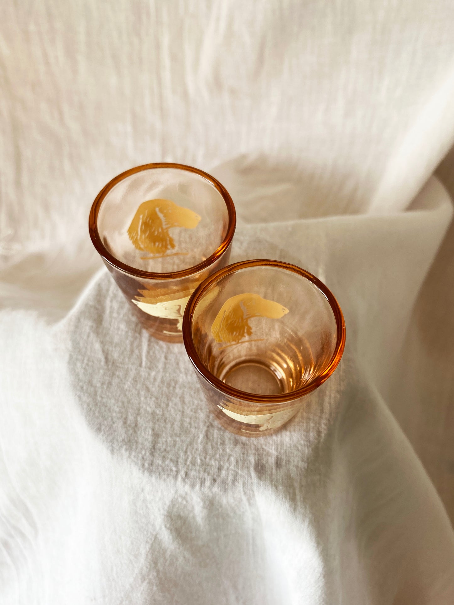 70s Peach Glass Spaniel Shot Glass Pair