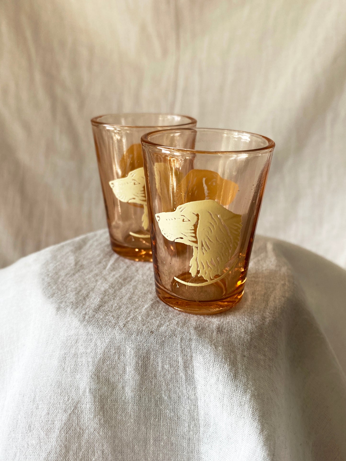 70s Peach Glass Spaniel Shot Glass Pair